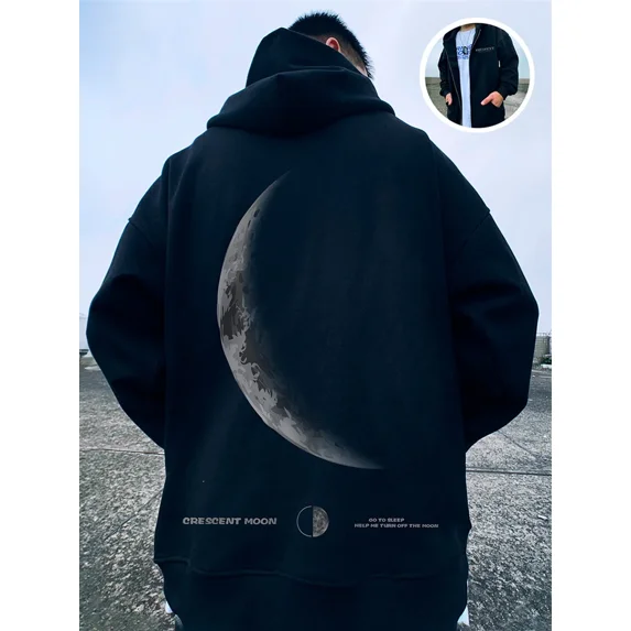 Autumn Crescent Moon Graphic Printed Zip up Hoodies For Men Loose Y2K Vintage Hooded Sweatshirts Goth Streetwear Fleece Hoody