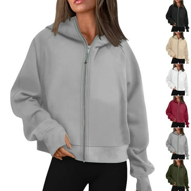 Autumn Cropped Hoodies for Women Oversize Fit Autumn Sweatshirt Lightweight Zip-up Hoodie Streetwear with Pockets Gym Workout Athleisure Casual Daily Essentials