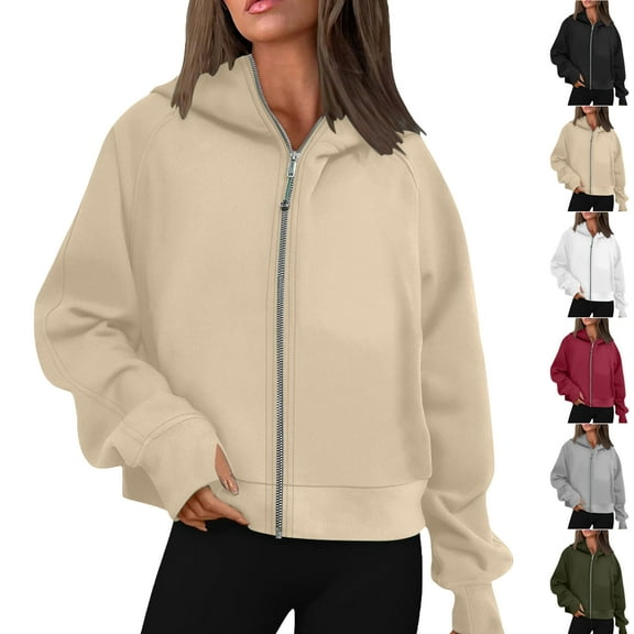 Autumn Cropped Hoodies for Women Oversize Fit Autumn Sweatshirt Lightweight Zip-up Hoodie Streetwear with Pockets Gym Workout Athleisure Casual Daily Essentials