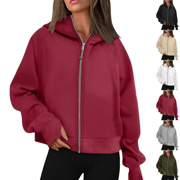 Autumn Cropped Hoodies for Women Oversize Fit Autumn Sweatshirt Lightweight Zip-up Hoodie Streetwear with Pockets Gym Workout Athleisure Casual Daily Essentials