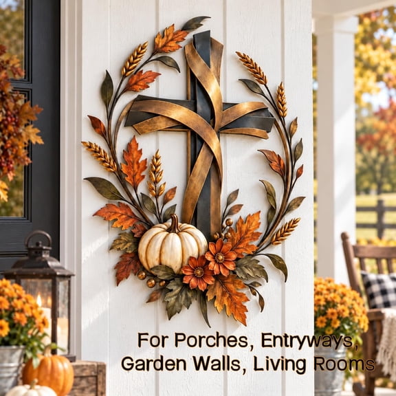Autumn Cross & Pumpkin Harvest Metal Wall Decor – Durable Metal Fall Pumpkin Art for Outdoor Porch Garden, Vintage Farmhouse Plaque(12in)
