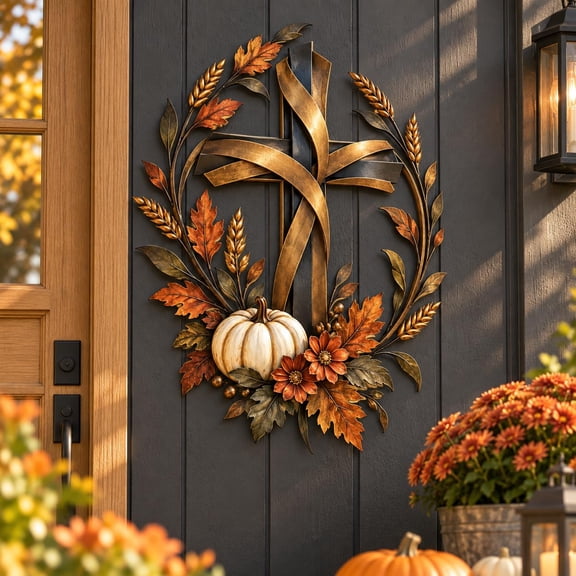 Autumn Cross & Pumpkin Harvest Metal Wall Decor – Fall Pumpkin Wall Art for Thanksgiving, Vintage Farmhouse Hanging Decoration Gift(12in)