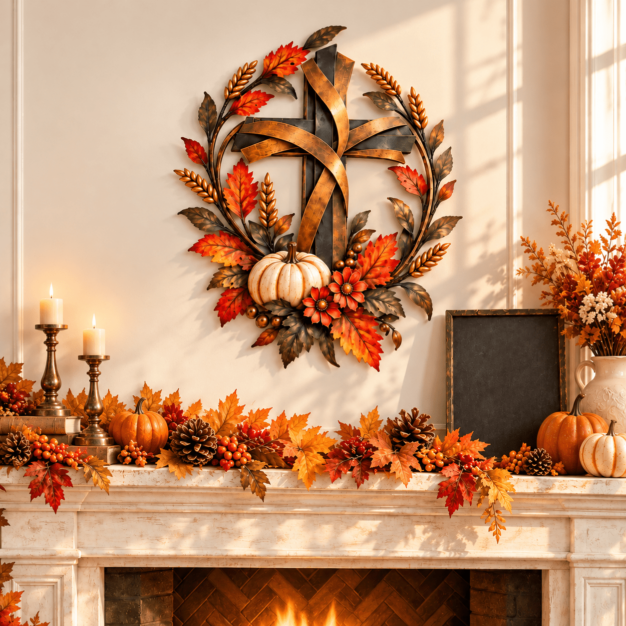 Autumn Cross & Pumpkin Harvest Metal Wall Decor, Rustic Fall Accent for ...