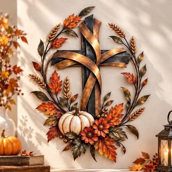 Autumn Cross & Pumpkin Harvest Metal Wall Decor for Fall Farmhouse
