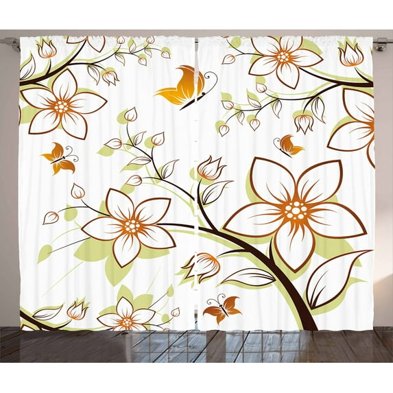 Ambesonne Autumn Curtains 2 Panel Set, Seasonal Flora Fauna, 108" x 90", Orange Pale Green Black
