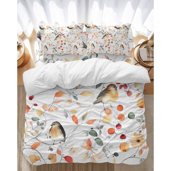Autumn Cute Bedding Duvet Cover Set Twin Size 4 Pieces Bird Standing on Branch Colorful Leaf Fruit Flower Bedding Set with Zipper Closure,1 Comforter Cover 68x90 Inches 1 Flat Sheet & 2 Pillow Cases