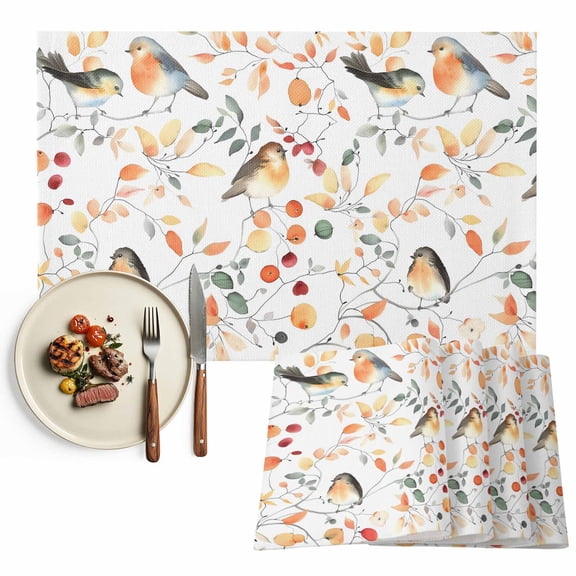 Autumn Cute Placemats Set of 2 Bird Standing on Branch Colorful Leaf Fruit Flower Heat Insulated Linen Place Mats, Washable Stain-Proof Table Mats for Dining Tables Holiday Decor 13x19inch