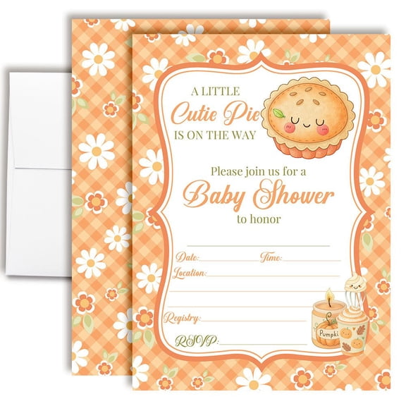 Autumn Cutie Pie Baby Shower Invitations, 20 Fill-In Cards with Envelopes, 5x7 Baby Shower Invites & Supplies, New Baby Celebration Cards, Made in USA by Amanda Creation