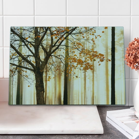Autumn Cutting Board, Bare Tree Branches with Tangerine Tones Fall Leaves, Decorative Tempered Glass Cutting and Serving Board, in 3 Sizes, by Ambesonne