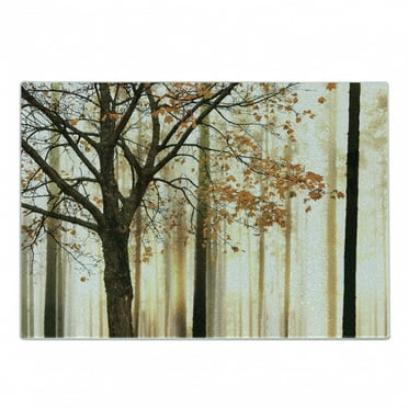 Autumn Cutting Board, Picture of a Lonely Tree Leaves on an Abstract Woodland Background Print, Decorative Tempered Glass Cutting and Serving Board, Small Size, Orange Brown, by Ambesonne