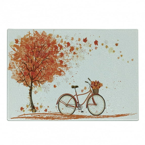 Autumn Cutting Board, Watercolor Fall Season Landscape with Leaves Flying in Breeze Bicycle, Decorative Tempered Glass Cutting and Serving Board, in 3 Sizes, by Ambesonne