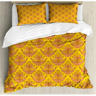 Autumn Damask Duvet Cover Set, Floral Theme Inspired Classic Ornamental Pattern Depiction, Decorative 3 Piece Bedding Set with 2 Pillow Shams, Calking Size, Earth Yellow and Dark Peach, by Ambesonne