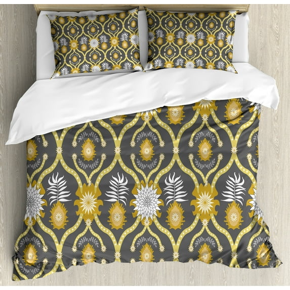 Autumn Damask Duvet Cover Set, Repeated Pattern Oriental Art Style Floral Elements Illustration, Decorative 3 Piece Bedding Set with 2 Pillow Shams, Calking Size, Grey Dark Yellow White, by Ambesonne