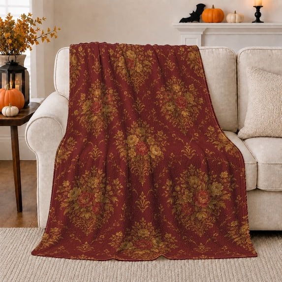 Autumn Damask Floral Sofa, Festive autumn celebration Scene, Warm Flannel Blanket for Living Room and Family Room with Detailed Artwork, Art Lovers autumn celebration Gift, Festive Home Decor
