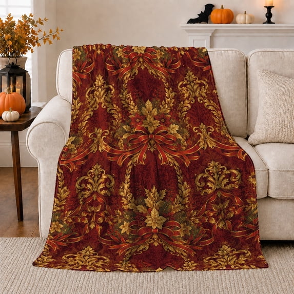 Autumn Damask Leaf Bow Motif, Cozy Artistic Scene, Warm Flannel Blanket for Home Library and Reading Nook with Detailed Artwork, Art Lovers Thanksgiving Gift, Artistic Home Decor