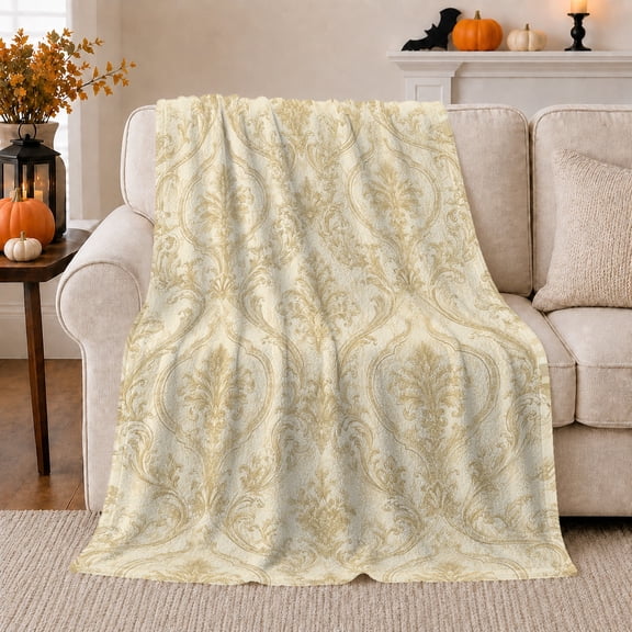 Autumn Damask Pattern, Festive autumn celebration Scene, Warm Flannel Blanket for Living Room and Family Room with Detailed Artwork, Art Lovers autumn celebration Gift, Festive Home Decor