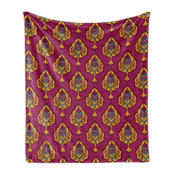 Autumn Damask Soft Flannel Fleece Throw Blanket, Floral Theme Inspired Ethnic Oriental Motifs Illustration, Cozy Plush for Indoor and Outdoor Use, 50" x 70", Dark Magenta and Multicolor, by Ambesonne