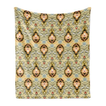 Autumn Damask Soft Flannel Fleece Throw Blanket, Oriental Theme Inspired Symmetrical Floral Shapes Ornaments, Cozy Plush for Indoor and Outdoor Use, 60" x 80", Pale Khaki and Multicolor, by Ambesonne