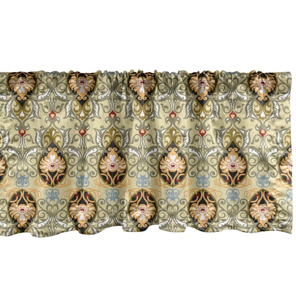 Autumn Damask Window Valance Pack of 2, Oriental Theme Inspired Symmetrical Floral Shapes Ornaments, Rod Pocket Curtain Valances Kitchen Bedroom, 2 Sizes, Pale Khaki and Multicolor, by Ambesonne