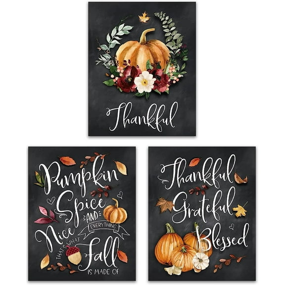 Autumn Decor Fall Wall Art Watercolor Quote Floral Leaves Themed Painting Harvest Festive Home Decoration Thanksgiving Gift Farmhouse Living Vintage Rustic Prints(8x10 inch,Set of 3,Unframed)