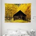 thumbnail image 1 of Autumn Decor Tapestry, Abandoned Wooden Farmhouse in Fall Aspen Trees Rural Pastoral Nature Scene, Wall Hanging for Bedroom Living Room Dorm Decor, 80W X 60L Inches, Brown Yellow, by Ambesonne, 1 of 2