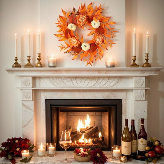 Autumn Garland Decoration Simulated Wreath Home Door Decoration Flower Wreath Festival Door Decor for Home Party (White)