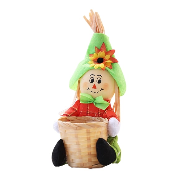 Autumn Decorations for Home, Fall Home Decor, Halloween Centerpiece, Treat Container, Handwoven Straw Scarecrow Shallow Storage Basket, Soft Fabric Scarecrow Doll with Sunflower