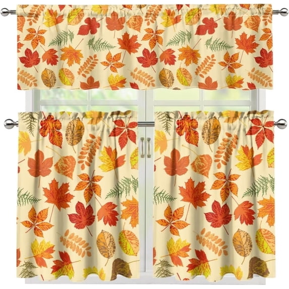 Autumn Decorations Kitchen Curtains and Valances Set Rod Pocket Tier Curtains 3-Piece House Decor Curtains for Living Room Bedroom Bathroom, Fallen Leaves Print