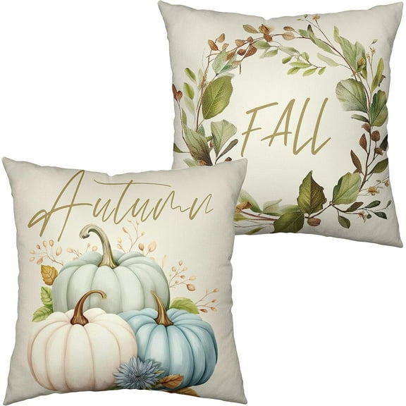 Autumn Decorations Pumpkin Pillow Covers 18x18 Set of 2 Fall Decor Green Wreath Throw Pillow Covers Thanksgiving Harvest Cotton Linen Decorative Pillow Case for Sofa Couch Outdoor