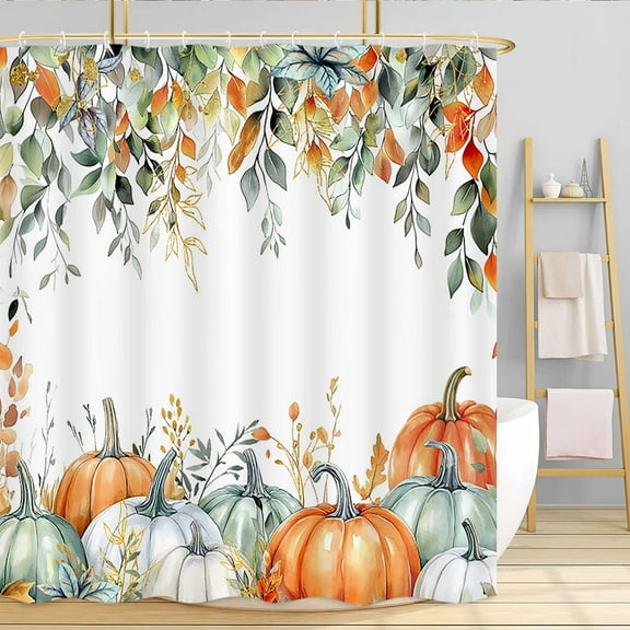 Autumn Decorations Thanksgiving Shower Curtain, Fall Autumn Harvest Pumpkin Maple Leaf Shower Curtain Sets, Rustic Farmhouse Eucalyptus Leaves Orange Kids Bathroom Accessories with Hooks, 72X72in