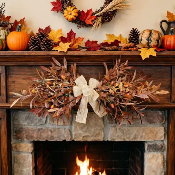 Autumn DecorationsforHome, Fall Wreath Decorations, Faux Branches, Woven Bow, Horizontal Wall Mounting, Warm Brown Tones, 24 In, 1 Pc