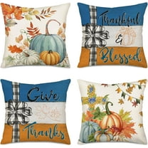 Autumn Decorative Pillow Covers 16x16 Inch Set of 4 Hello Fall Pumpkins Buffalo Bowknot Thankful Grateful Blessed Decor Maple Leaf Pillows Cushion Case for Home Sofa Couch