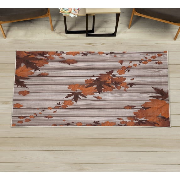Autumn Decorative Rug, Fall Maple Leafs Tree Diagonal Leaves Foliage Rustic Wooden Planks Illustration, Quality Carpet for Bedroom Dorm and Living Room, 6 Sizes, Burnt Orange, by Ambesonne