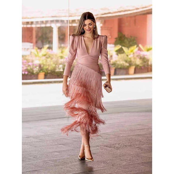 Autumn Deep V-neck Fringe Fitted Long Dress