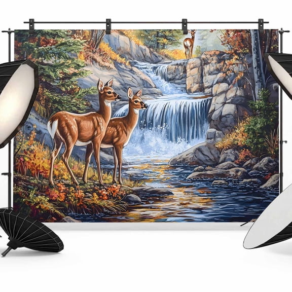 Autumn Deer Backdrop for Photography, Fabric Photo Background Backdrop, Farmhouse Elk River Photo Booth Background for Portrait Photoshoot Video Wedding Studio Decoration Banner 7x5ft