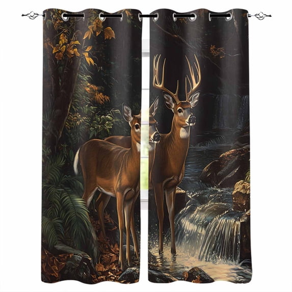 Autumn Deer Blackout Curtains for Bedroom Living Room Darkening Curtains 54 Inch Long Forest River Elk Vintage Short Curtain for Small Window Treatment Thermal Insulated Grommet Drapes 52"x54"x2
