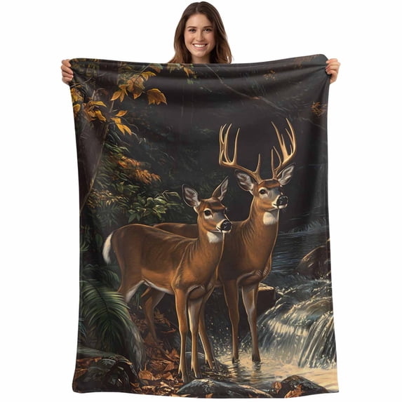 Autumn Deer Blanket Soft Cozy Warm Throw Blanket for Couch, Plush Fuzzy Flannel Fleece Blankets for Sofa, Forest River Elk Vintage Bed Blankets Lightweight Gifts for Women, 50"x80"