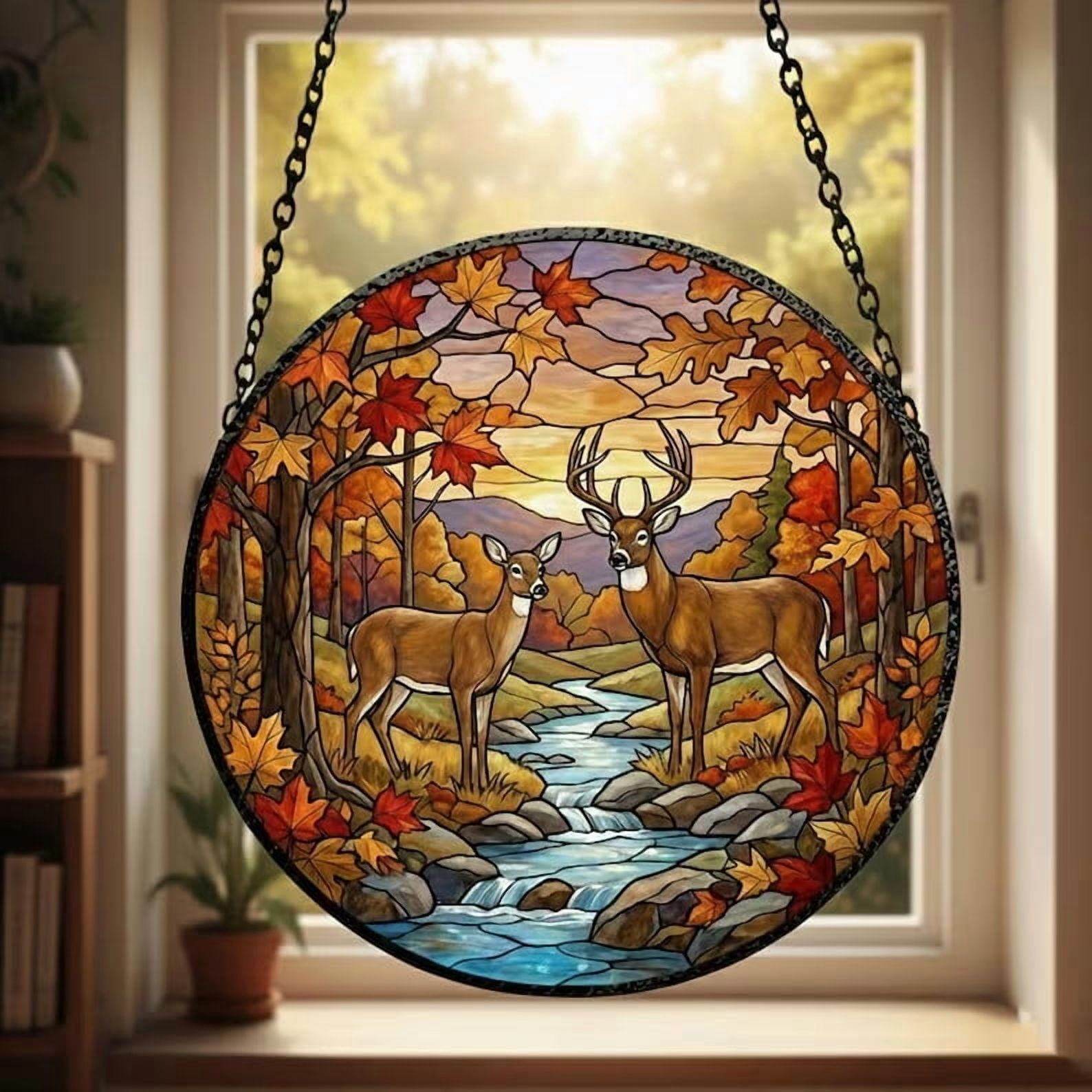Window Drawing. Sign Autumn Deer Forest Animal Acrylic Window Hanging Decor Light Catching ...