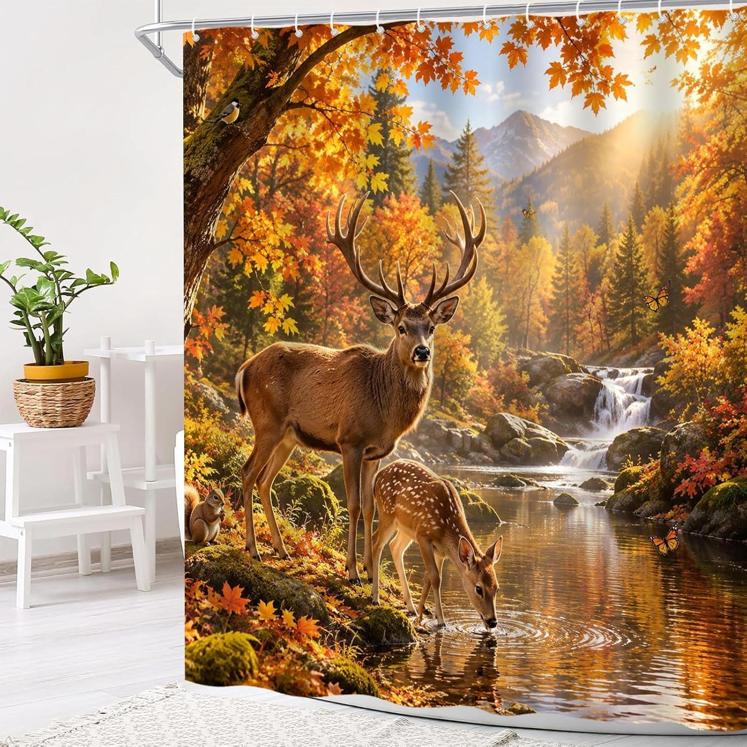 Autumn Deer Landscape Shower Curtain, Forest Mountain Fall Wildlife ...