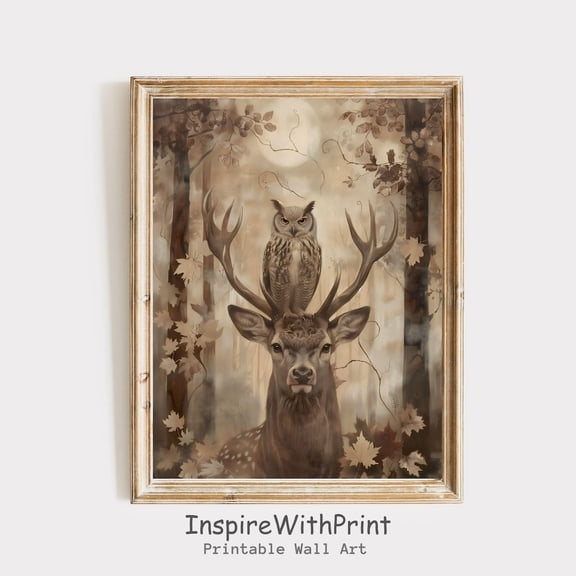 Autumn Deer and Owl Poster Fall Farmhouse Art, Vintage Fall Woodland Animal Poster Rustic Autumn Cottagecore Printable Art, Moody Fall Print, Size 24x36 UNFFRAMED F03.1.6l418