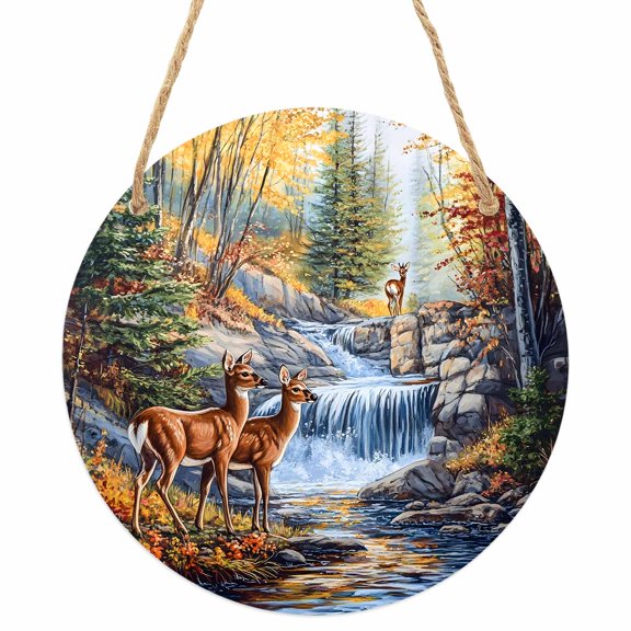 Autumn Deer Round Front Door Welcome Sign, 5.9 Inch Wall Hanging Decor for Indoor Outdoor, Farmhouse Elk River Home Porch Hanger Decorations for Holiday Gift