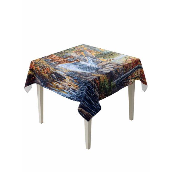 Autumn Deer Table Cloth, Farmhouse Elk River Waterproof Tablecloth for Square Tables, Reusable Washable Fabric Table Cover for Restaurant Kitchen Dining Tables 54"x54"