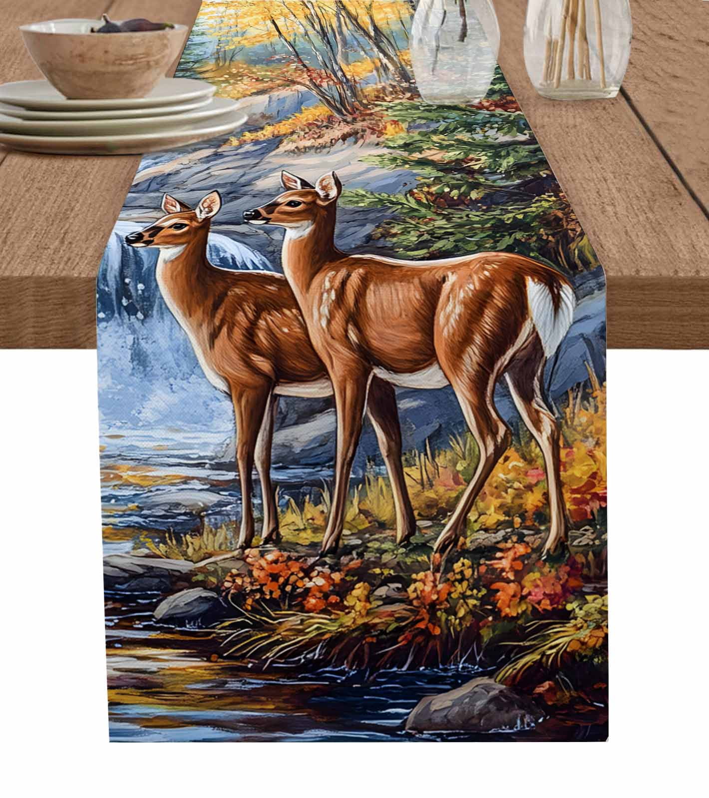 Autumn Deer Table Runner 72 Inches, Farmhouse Elk River Bed Runner Dresser Scarves Tabletop for Indoor Outdoor Parties/Ceremony/Banquet, 18" x 72"