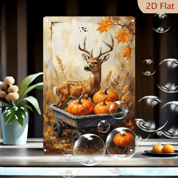 Autumn Deer in Wagon with Pumpkins, 8x12 inch Vertical Painterly Fall Forest Metal Wall Art, Rustic Oil Painting Style Decor for Home
