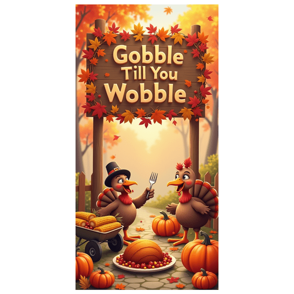 Autumn Design Vegan Thanksgiving Banner Turkey Illustration Gobble Till You Wobble Fall Decoration for Family Dinner Party Festival