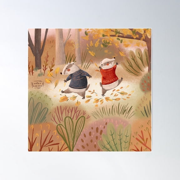 Autumn Design With Two Cute Badges Having Fun Throwing Leaves Poster Wall Art, Modern Wall Decor For Living Room Bedroom, 30x30 UNFRAMED