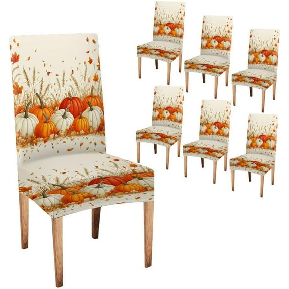 Autumn Dining Chair Seat Covers Set of 6 Thanksgiving Orange Pumpkins Maple Leaf Fall Parsons Chair Slipcovers for Dining Room Hotel Kitchen