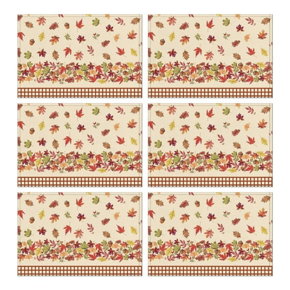 Autumn Dinner Placemats Set of 6, Heat Resistant Machine Washable Linen Table Mats with Pumpkin and Harvest Design, Durable Rustic Fall Dining Table Mats for Thanksgiving
