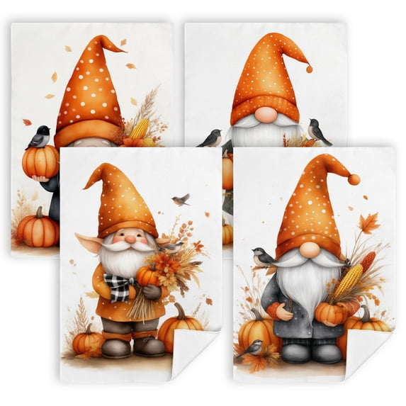 Autumn Dish Towels A gnome holding a pumpkin and a bird Pack of 4 16x24 ...