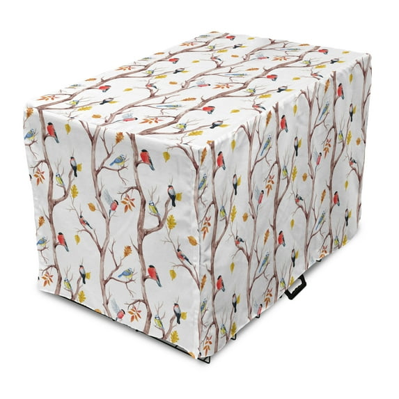 Autumn Dog Crate Cover, Watercolor Birds on a Tree with Yellow Leaves During Fall Season, Easy to Use Pet Kennel Cover Small Dogs Puppies Kittens, 7 Sizes, Dark Peach and Multicolor, by Ambesonne